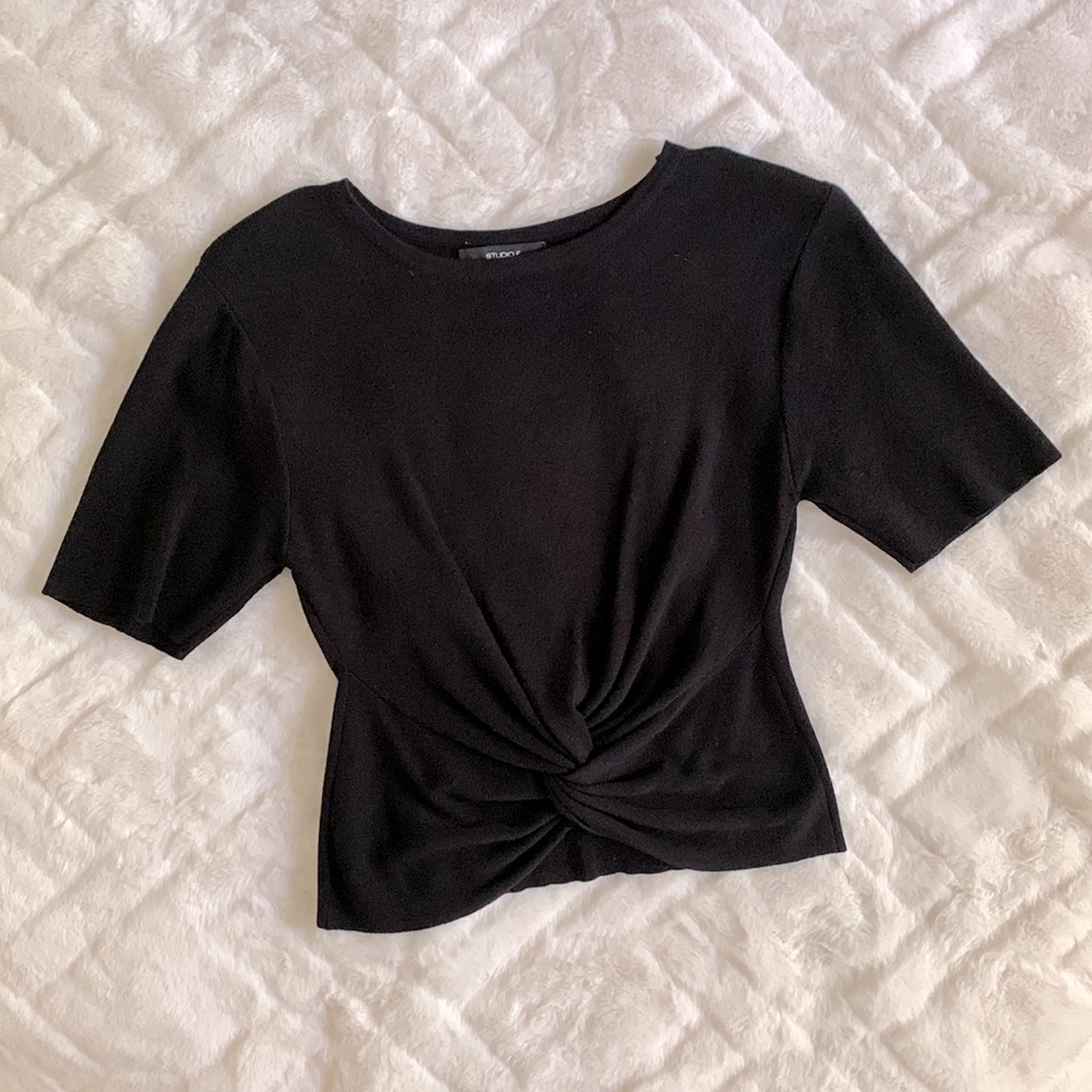 Studio F Short Sleeve Twist Front Cropped Top